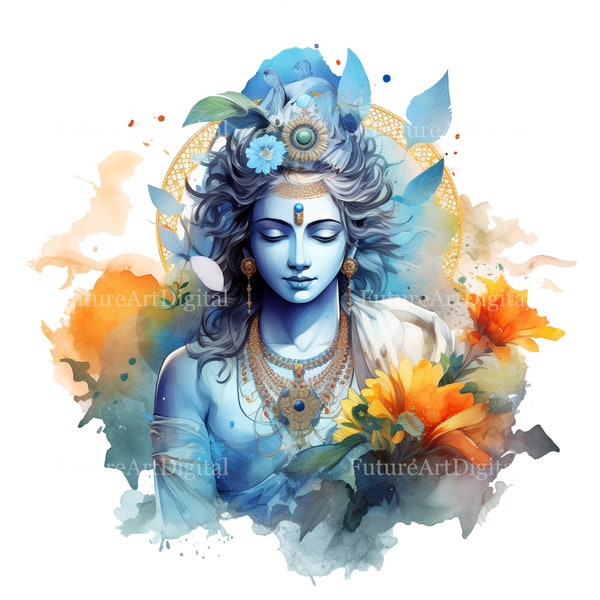 Watercolor Krishna Digital Clipart, Hindu God Sublimation PNG, Lord Krishna Printable Wall art, Digital Download