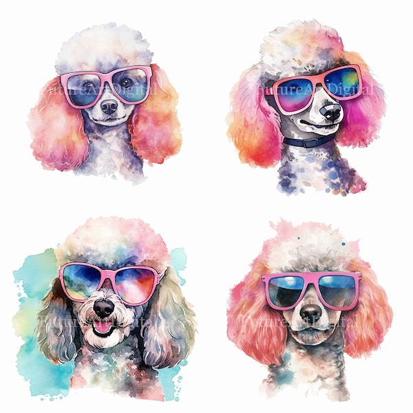 Watercolor Poodle Wearing Sunglasses Digital Clipart, Poodle Sublimation PNG, Poodle with Sunglasses Printable Wall art