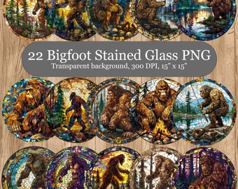 22  Stained Glass Bigfoot Clipart, Sasquatch Sublimation PNG, Bigfoot Suncatcher Sublimation Clipart Bundle, Digital Download