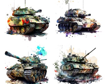 Watercolor Military Tank Sublimation PNG, Tank Digital Clipart, Tank Printable Wall art, Digital Download