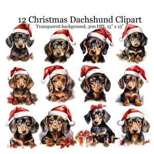 12 Aquarell Weihnachten Dackel Digitale Clipart, Dackel Welpe Sublimation PNG, Weihnachtshund druckbare Wandkunst