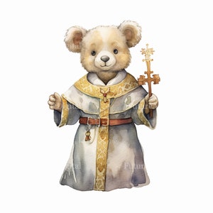 Aquarell Priester Teddybär Digital Clipart, Priester Teddybär Sublimation PNG, Religiöser Teddybär druckbare Wandkunst