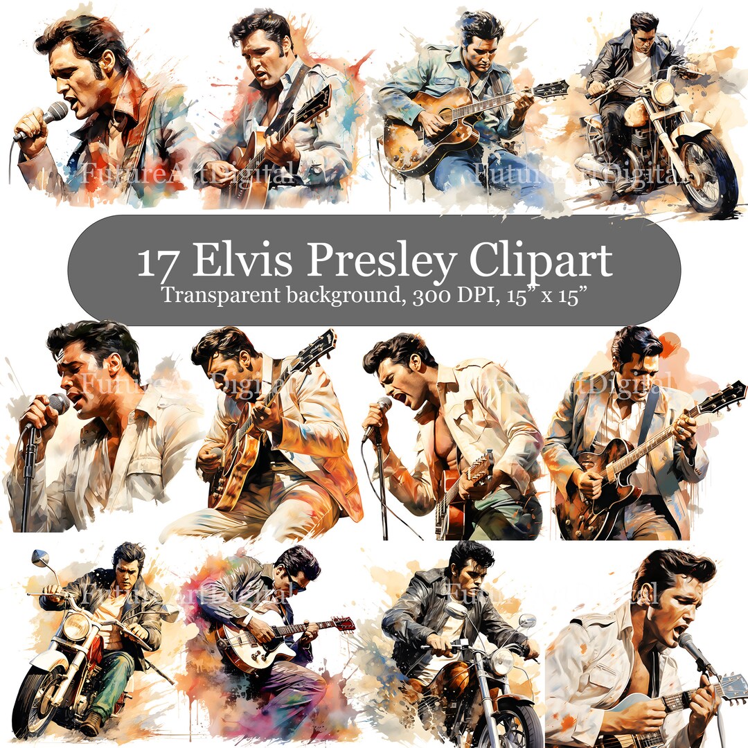 17 Elvis Presley Digital Clipart, Watercolor Elvis Sublimation Bundle