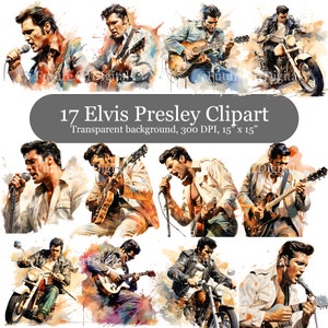 17 Elvis Presley Digital Clipart, Watercolor Elvis Sublimation Bundle, Elvis Presley Printable Wall art