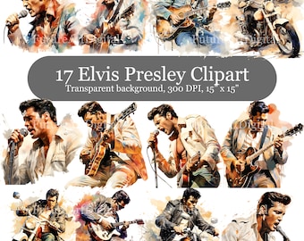 17 Elvis Presley Digital Clipart, Watercolor Elvis Sublimation Bundle, Elvis Presley Printable Wall art