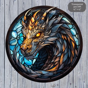 Stained Glass Black Dragon Digital Clipart, Black Dragon Sublimation PNG, Stained Glass Dragon Printable Wall art
