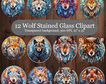 Pode incluir: Doze imagens de clipart de lobos em vitrais em várias poses e cores. Cada imagem é circular e apresenta um lobo com um design detalhado em vitrais. As imagens são colocadas sobre um fundo de veia de madeira.