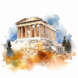 Aquarelle Acropole d'Athènes en sublimation PNG, Clipart numérique Acropole d'Athènes, l'art mural imprimable Acropole