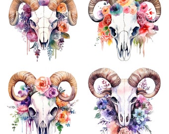 Watercolor Ram Skull with Flowers Sublimation PNG, Ram Skull Digital Clipart, Ram Skull and Flowers Printable Wall art