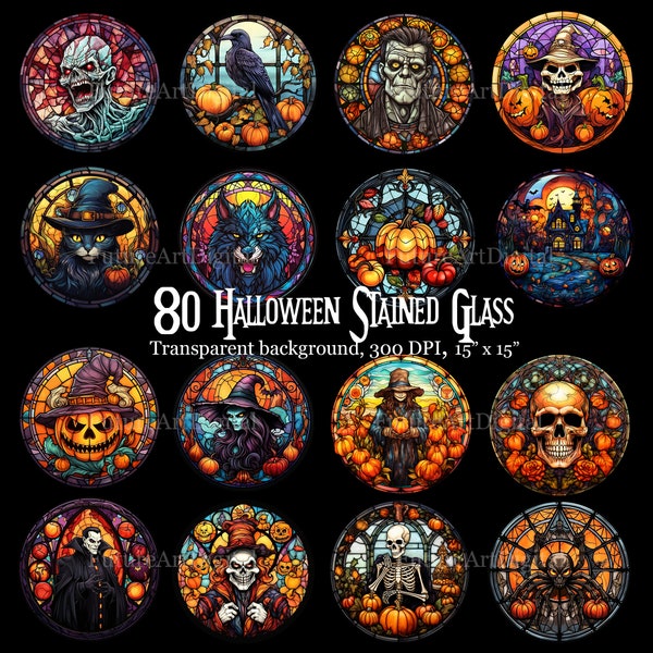 80 Stained Glass Halloween Clipart, Stained Glass Monsters Halloween PNG, Printable Halloween Decoration with Transparent Background