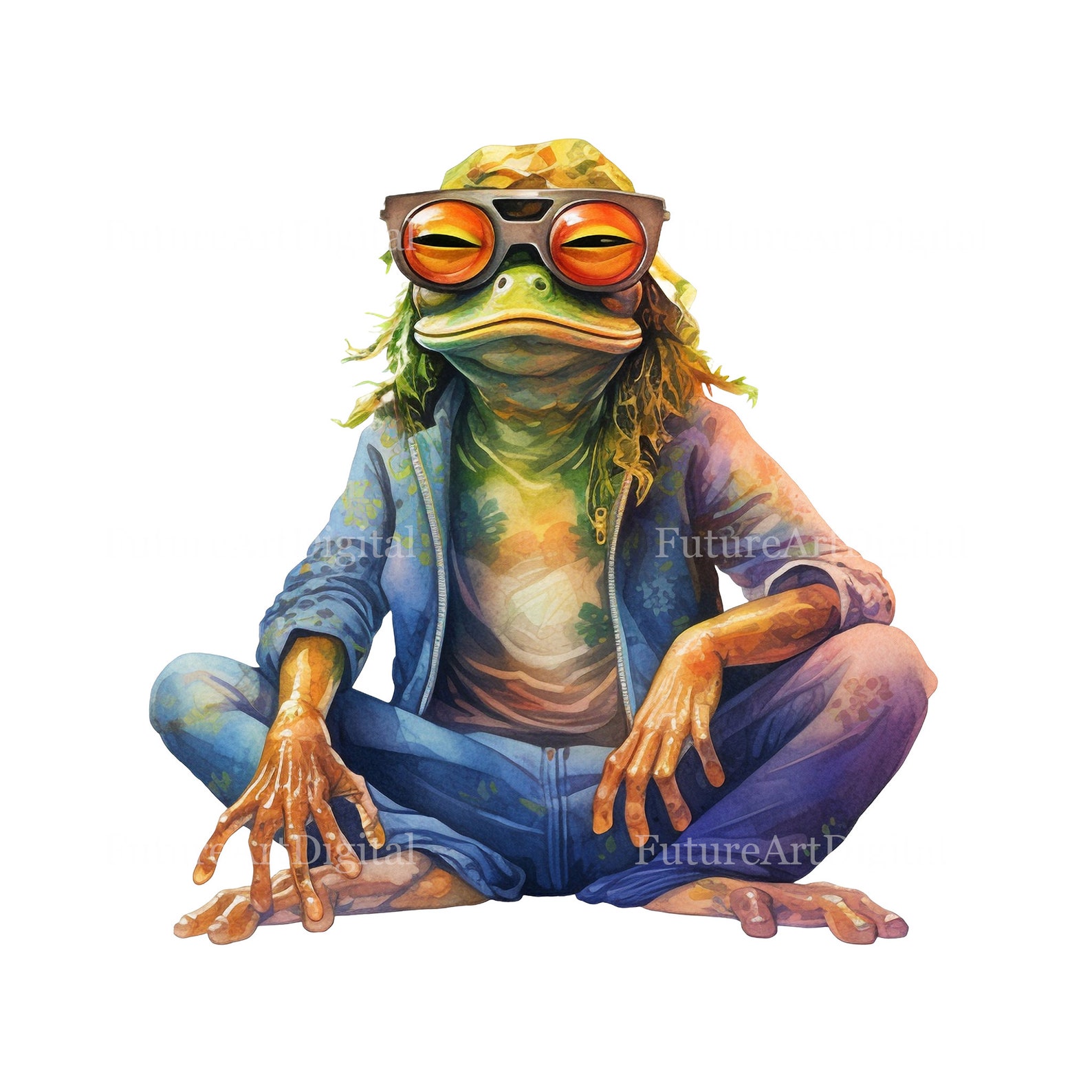 Watercolor Hippie Frog Sublimation PNG, Hippie Frog Digital Clipart ...