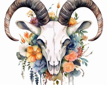 Watercolor Goat Skull with Flowers Digital Clipart, Goat Skull Sublimation PNG, Goat Skull Printable wall art