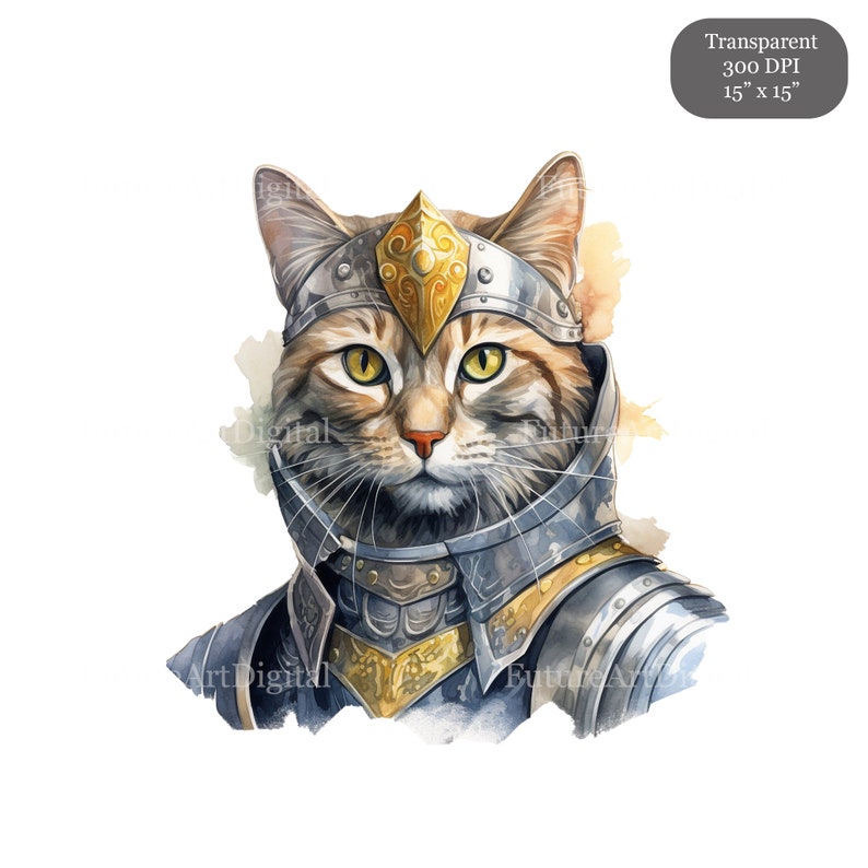Pode incluir: Um gato tigrado vestindo uma armadura de cavaleiro de prata e ouro com um capacete e uma coroa dourada. O gato tem olhos verdes e uma express&atilde;o s&eacute;ria.