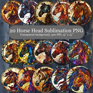 Pferdekopf-Buntglas-Bundle, 20 Pferde-Sublimation PNG, rundes Buntglas-Untersetzer-Sublimationsdesign, kommerzielle Nutzung PNG