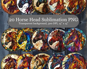 Horse Head Stained Glass Bundle, 20 Horse Sublimation PNG, Round Stained Glass Coaster Sublimation Design, Commercial Use PNG