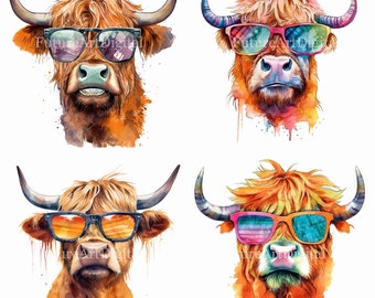 Aquarell Highland Kuh mit Sonnenbrille Digital Clipart, Highland Kuh Sublimation PNG, Highland Kuh mit Sonnenbrille druckbare Wandkunst