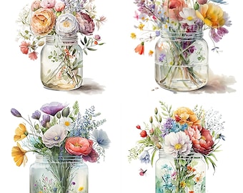 Watercolor Flower Bouquet Sublimation PNG, Flower Bouquet in a Glass Jar Digital clipart, Flowers in a Glass Jar Printable Wall art