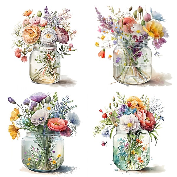 Watercolor Flower Bouquet Sublimation PNG, Flower Bouquet in a Glass Jar Digital clipart, Flowers in a Glass Jar Printable Wall art