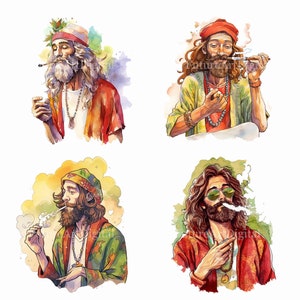 Op de afbeelding: Vier aquarel illustraties van mensen met lang haar en baarden die kleurrijke kleding en hoofdbanden dragen, roken en rook uitblazen. De mensen worden afgebeeld in een ontspannen en zorgeloze stijl.