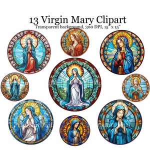13 Vidrieras Virgen María Sublimación PNG, Orando Virgen María Imágenes Prediseñadas Digital, Madre María Arte de pared imprimible