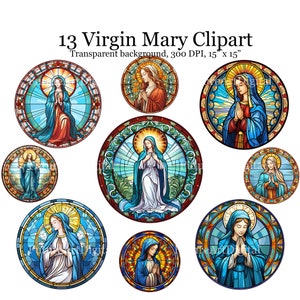 13 Stained Glass Virgin Mary Sublimation PNG, Praying Virgin Mary Digital Clipart, Mother Mary Printable Wall art