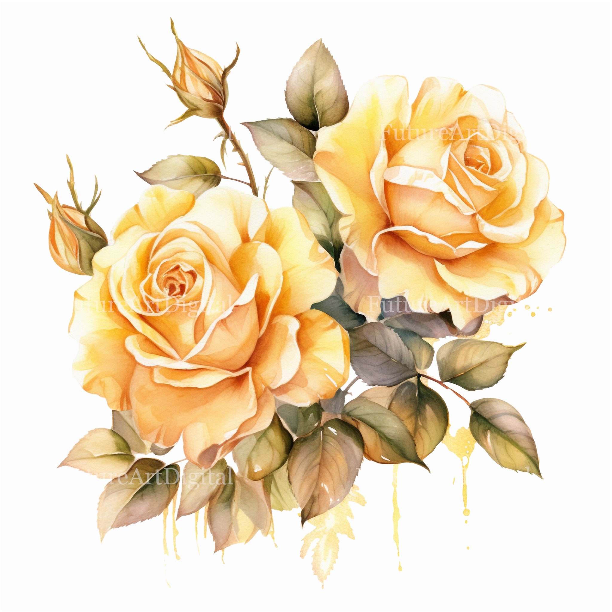 Yellow Roses Digital Watercolor Yellow Roses Sublimation PNG, Yellow Roses Digital Clipart ...