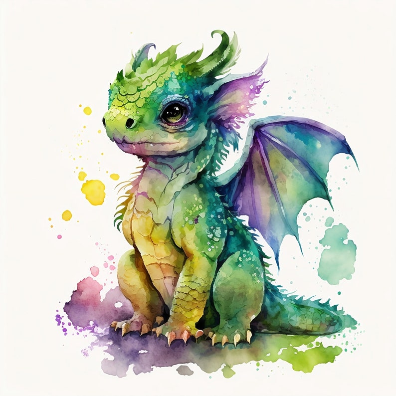 Baby Dragon Watercolor Art for Sublimation, Dragon Nursery Wall Decor ...