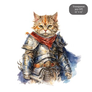 Pode incluir: Uma pintura em aquarela de um gato vestido como um cavaleiro com armadura brilhante. O gato est&aacute; usando uma echarpe vermelha e um capacete prateado com uma capa azul. O gato est&aacute; segurando uma espada em sua pata direita.