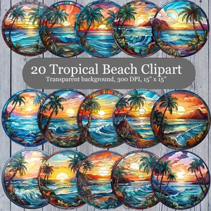 May include: Twenty colorful stained glass style illustrations of tropical beach scenes. Each image features palm trees, ocean waves, and a sunset. The images are circular and have a transparent background.