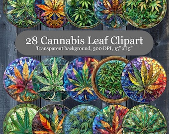 28 Marijuana Leaf Stained Glass PNG, Weed Suncatcher Sublimation Bundle, Cannabis Leaf Round Ornament Sublimation Print