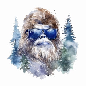 Watercolor Bigfoot Wearing Sunglasses Sublimation PNG. Bigfoot