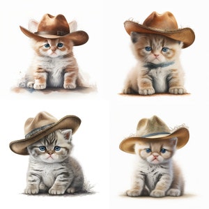 May include: Four kittens wearing brown cowboy hats. The kittens are sitting on a white background.