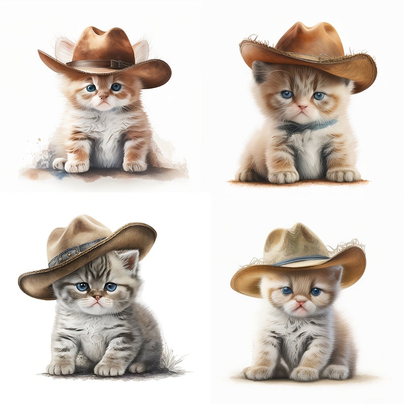 Puede incluir: Cuatro gatitos con sombreros de vaquero marrones. Los gatitos est&aacute;n sentados sobre un fondo blanco.