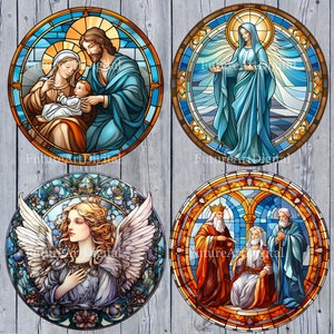 May include: Four stained glass round panels depicting religious scenes. The first panel shows the Holy Family with Mary, Joseph, and baby Jesus. The second panel shows the Virgin Mary in blue robes with a halo. The third panel shows an angel with wings and a halo. The fourth panel shows three figures in robes with crowns and halos.