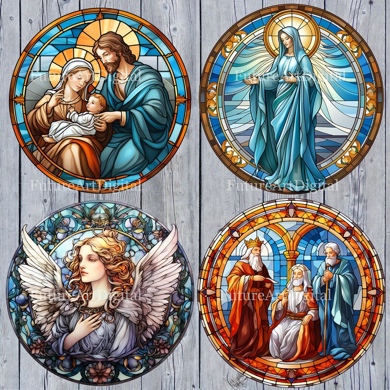 May include: Four stained glass round panels depicting religious scenes. The first panel shows the Holy Family with Mary, Joseph, and baby Jesus. The second panel shows the Virgin Mary in blue robes with a halo. The third panel shows an angel with wings and a halo. The fourth panel shows three figures in robes with crowns and halos.