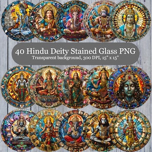 Puede incluir: Conjunto de 40 imágenes redondas de vidrio emplomado con deidades hindúes. Cada imagen tiene 38 cm de diámetro y un fondo transparente.