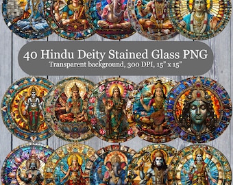 May include: Set of 40 round stained glass images featuring Hindu deities. Each image is 15 inches in diameter and has a transparent background.