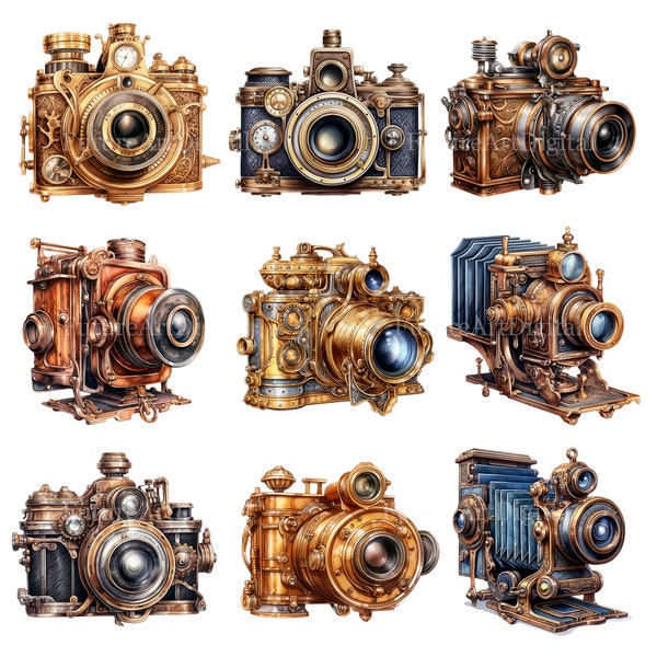 Watercolor Steampunk Camera Digital Clipart, Set of 9 Steampunk Camera Printable Wall art, Steampunk Camera Sublimation PNG