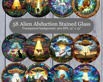 58 Stained Glass UFO Abduction PNG, Alien Abduction Stained Glass Clipart Bundle, UFO and Animal Sublimation Clipart, Free Commercial Use