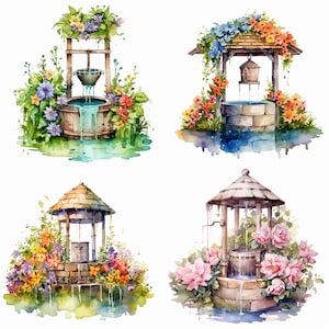 Acuarela viejo pozo con flores imágenes prediseñadas digitales, sublimación de pozo rústico PNG, arte de pared imprimible del pozo del jardín
