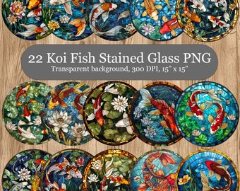 22 Stained Glass Koi Fish PNG, Fish Stained Glass Design Bundle, Koi Fish Coaster Sublimation PNG, Wind Spinner or Suncatcher Sublimation
