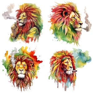 Aquarela Rasta Lion Digital Clipart, Fumar Rasta Lion Sublimação PNG, Rasta Lion Arte de parede para impressão