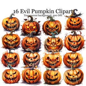 Evil Pumpkin Watercolor Clipart, 16 Horror Pumpkin Sublimation PNG, Halloween Pumpkin Printable Wall art