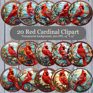 Puede incluir: Veinte imágenes de clipart digital de cardenales rojos en estilo vitral. Las aves están posadas en ramas con hojas y flores azules y verdes. El fondo es transparente.