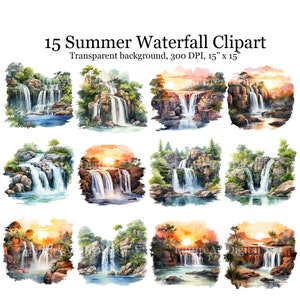 15 Watercolor Waterfall Sublimation PNG, Waterfall with Sunset Digital Clipart, Summer Waterfall Printable Wall art
