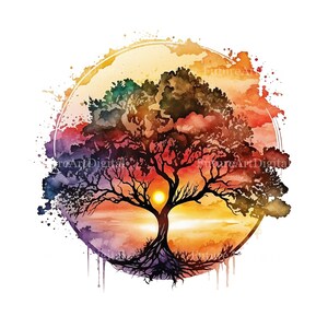 Watercolor Tree of Life with Sunset Sublimation PNG, Tree of Life Printable Wall art, Tree of Life Digital Clipart image 4