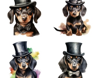 Cachorro Dachshund de acuarela con un sombrero de copa, imágenes prediseñadas digitales, sublimación de cachorro Dachshund PNG, arte de pared imprimible Dachshund