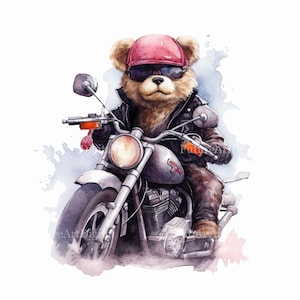 Acquerello Biker Teddy Bear Digital Clipart, Teddy Bear su una moto sublimazione PNG, Teddy Bear su Harley Printable Wall art
