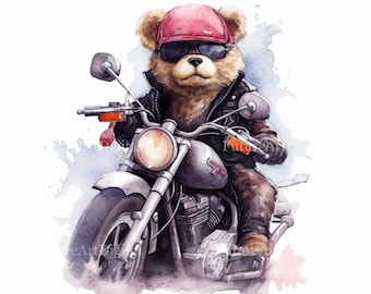 Watercolor Biker Teddy Bear Digital Clipart, Teddy Bear on a Motorcycle Sublimation PNG, Teddy Bear on Harley Printable Wall art