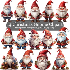 14 Christmas Gnome Digital Clipart, Junk Journal, Scrapbooking Clipart, Winter Gnome Sublimation PNG, Santa Gnome Printable Wall art